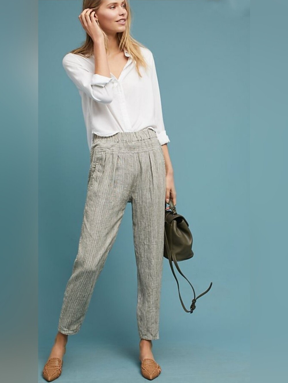by Anthropologie | Linen Olive Green Stripe Crop Pants Pull On Elastic Waist Med